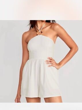 Old Navy Linen Strapless Ring-Detail White Romper, Size Medium